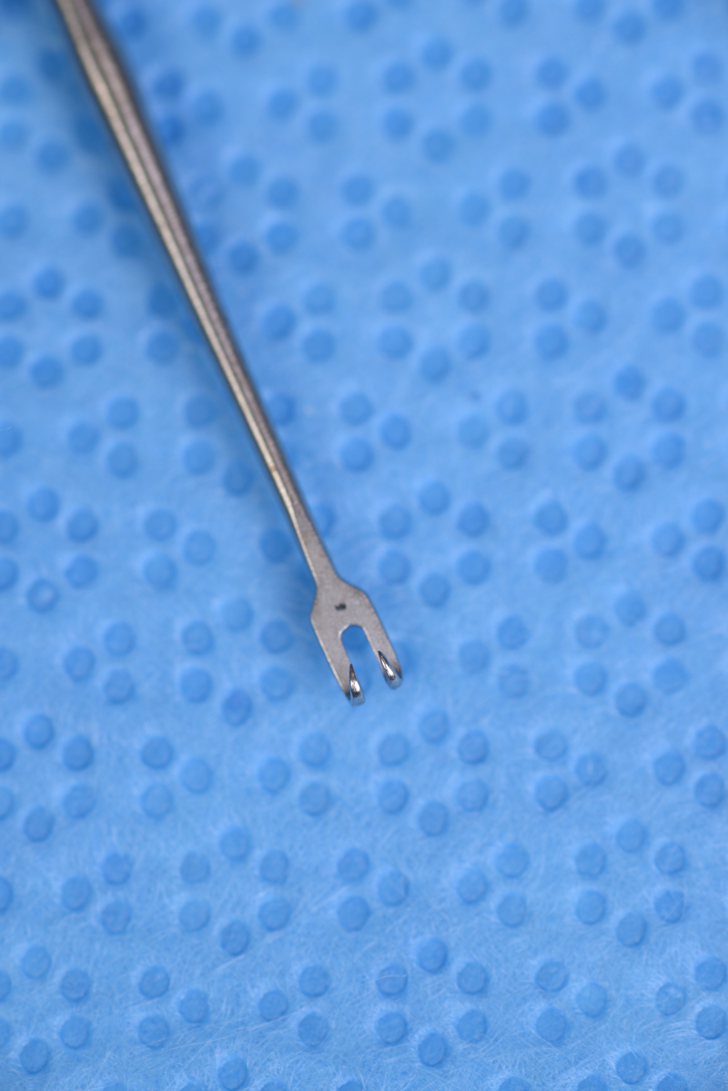 This small, double-pronged hook is used for holding and retracting the edges of skin during surgery.  This skin hook of choice for retracting eyelid skin prevents crushing that would otherwise be caused by the use of forceps.