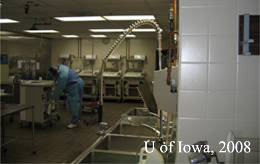 decontamination room shown here contains large wash basins (right side of image) where surgical instruments are cleaned by hand